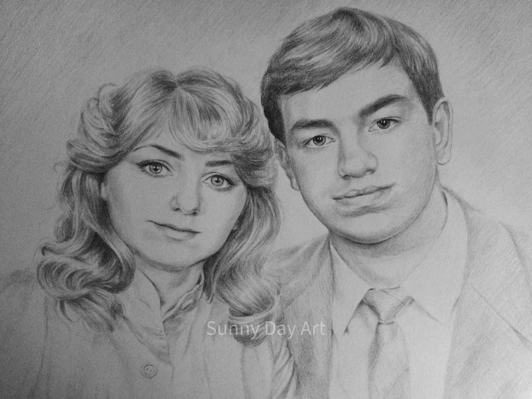 Portrait of a couple from an old photograph, woman with curly hair, brunette man, looking calmly at the camera.