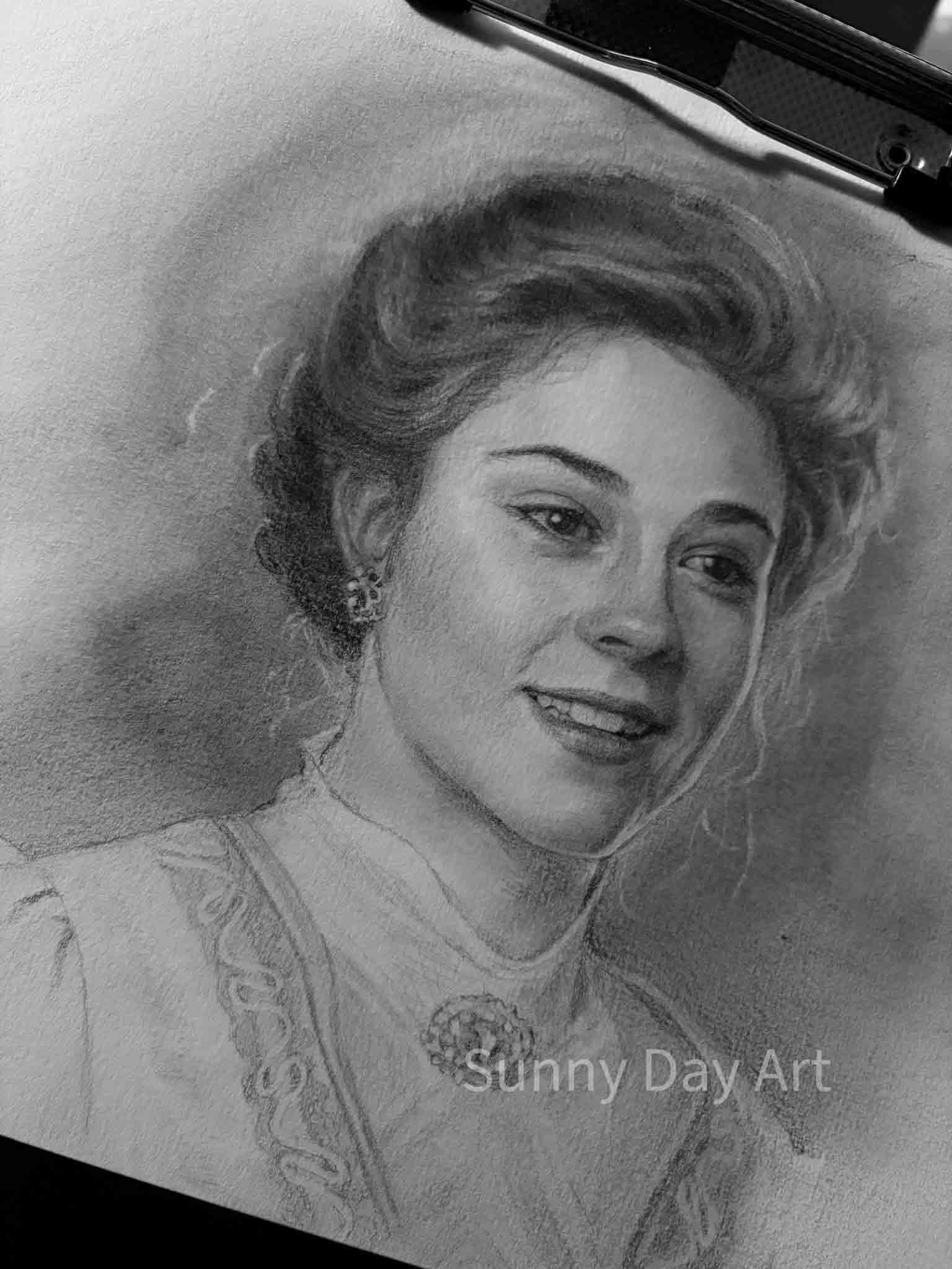 Portrait of a smiling Anne Shirley from "Anne of Green Gables," with red hair and freckles.