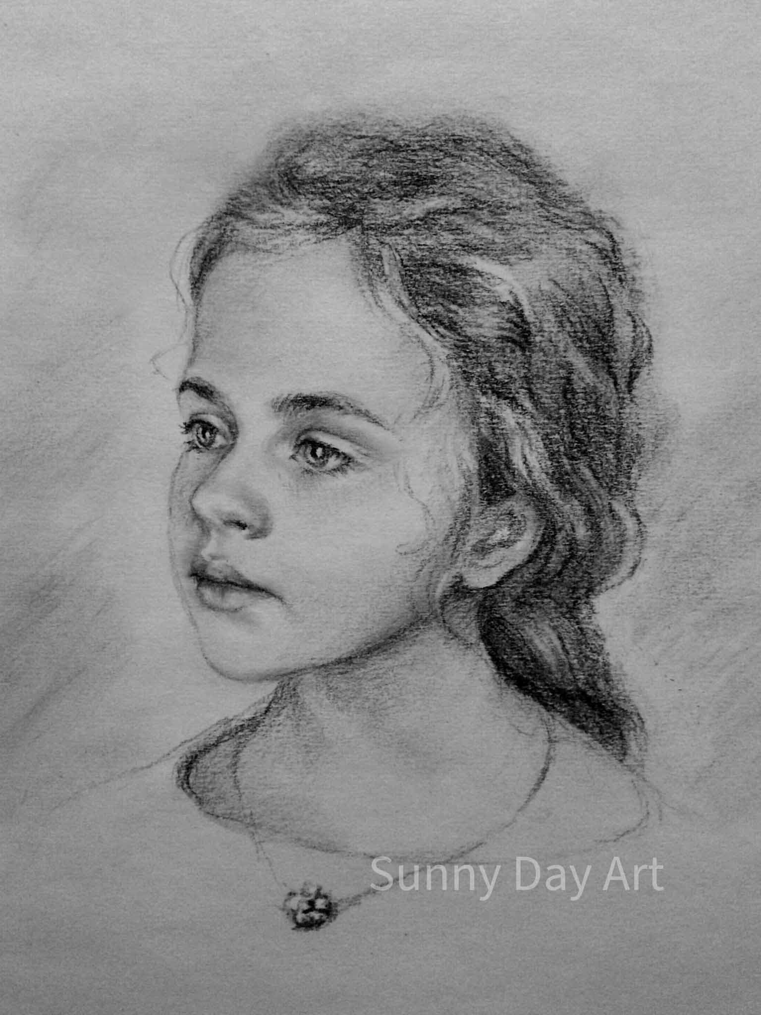 Charcoal-pencil portrait of a little girl with curly hair, calm expression, three-quarter view, with a necklace.