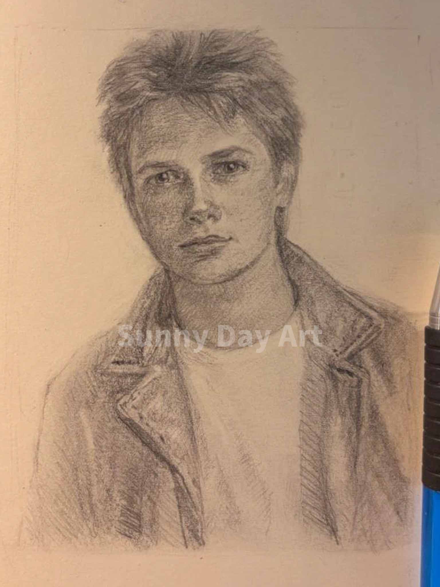 A small hand-drawn portrait of Marty McFly from Back to the Future, viewed from above.