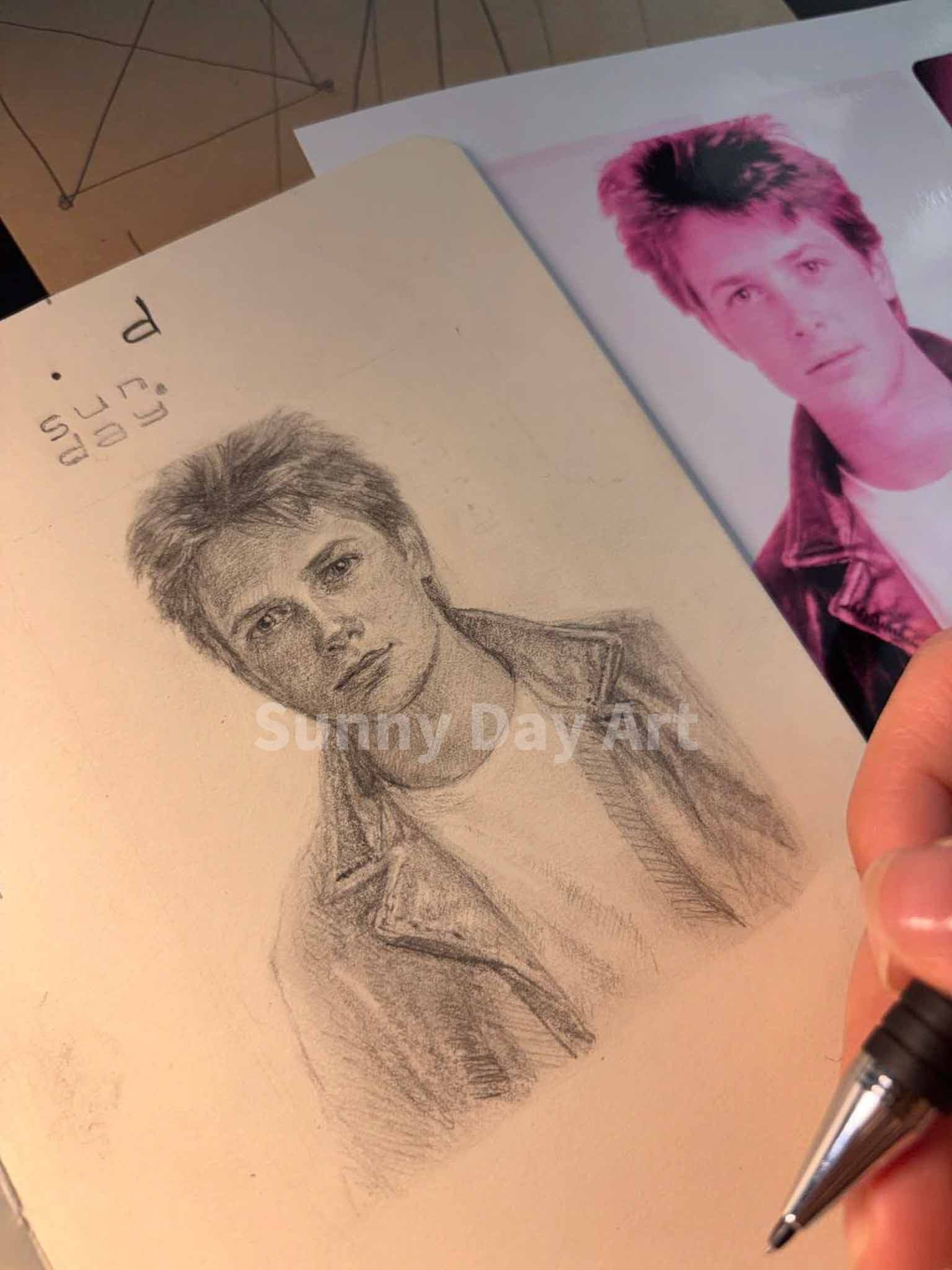 A small hand-drawn portrait of Marty McFly from Back to the Future, viewed at an angle.